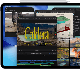 iPad Pro, Vorderansicht, Querformat, Farbe Space Schwarz, ein Apple Pencil haftet oben am Gerät, das Display zeigt mehrere App Fenster nebeneinander, darunter Final Cut Pro mit Videobearbeitungsfeatures und Timeline, Karten, Notizen und verschiedene Medienclips