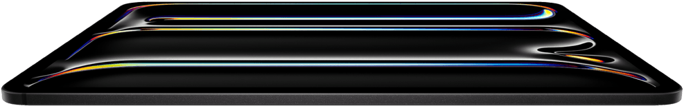 iPad Pro, Vorderseite, Farbe Space Schwarz, Aluminium‑ und Glasgehäuse, dünnes Profil, nach hinten geneigt mit Display, das mehrfarbige Linienzeichnungen zeigt