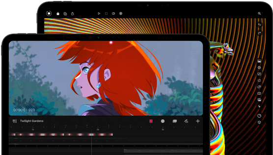 Ein 13" und ein 11" iPad Pro, Vorderansicht, Querformat, Farbe Space Schwarz, gerundete Ecken, schwarzer Displayrand, das 11" Display zeigt das brillante Bild einer Person mit roten Haaren, das 13" Display zeigt bunte Elemente der Bildbearbeitungsoberfläche