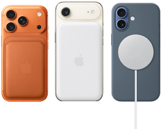 iPhone 17 Pro, Rückseite, Farbe Cosmic Orange, mit Silikon Case in der Farbe Siena und Feingewebe Wallet mit MagSafe in der Farbe Fuchsrot; iPhone Air, Rückseite, Farbe Wolkenweiß, mit MagSafe Batterie; iPhone 17, Rückseite, Farbe Nebelblau, mit Silikon Case in Farbe Maritimblau und MagSafe Ladegerät