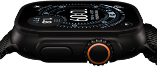 Apple Watch Ultra 3, Seitenansicht, Titangehäuse Schwarz, Kompass auf dem Orientierung Zifferblatt, Seitentaste und Digital Crown