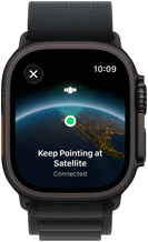 Apple Watch Ultra 3, Farbe Schwarz, Titangehäuse, „Weiterhin auf Satelliten richten“ über Erdkugel mit einem Standort auf dem Display, Armband, Alpine Loop